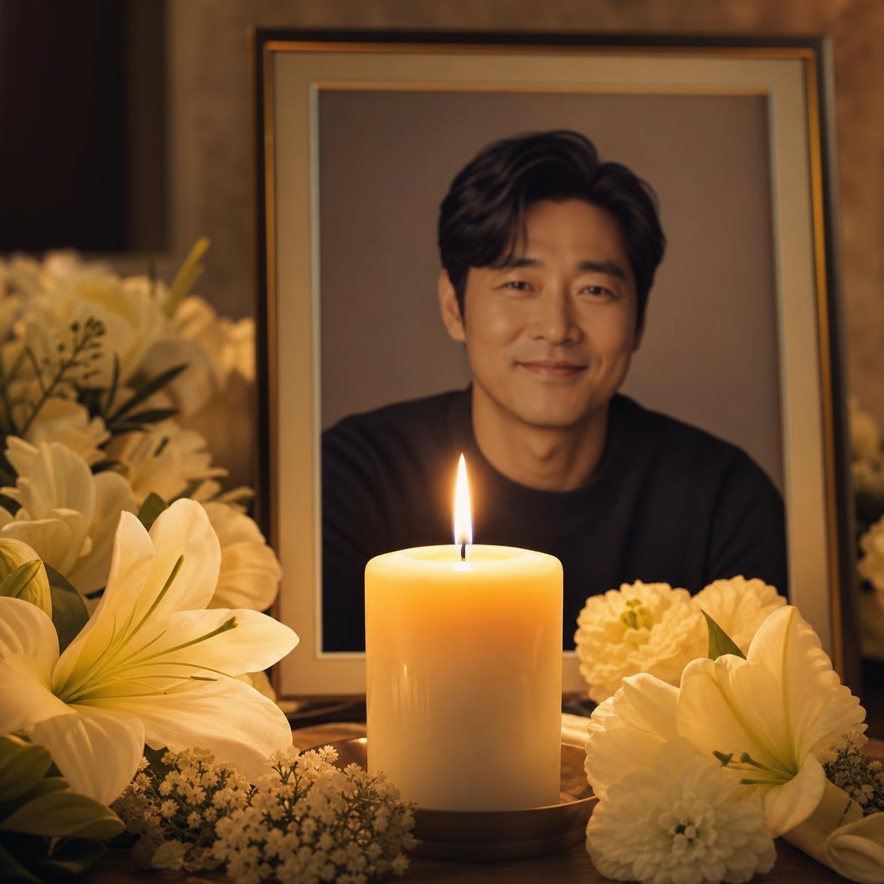 흰 꽃과 촛불 사이에 놓인 고인의 영정사진