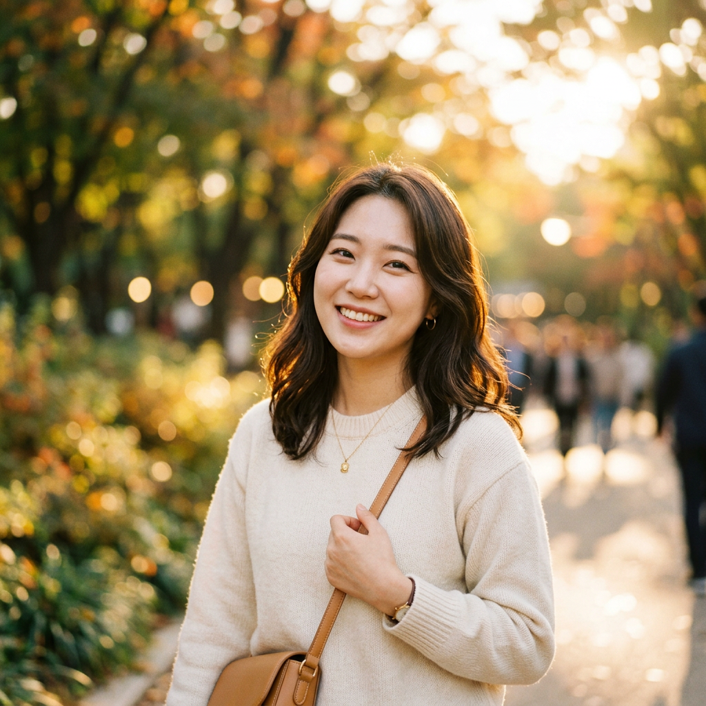 봄의 정원 액자 안에 배치된 젊은 여성의 사진