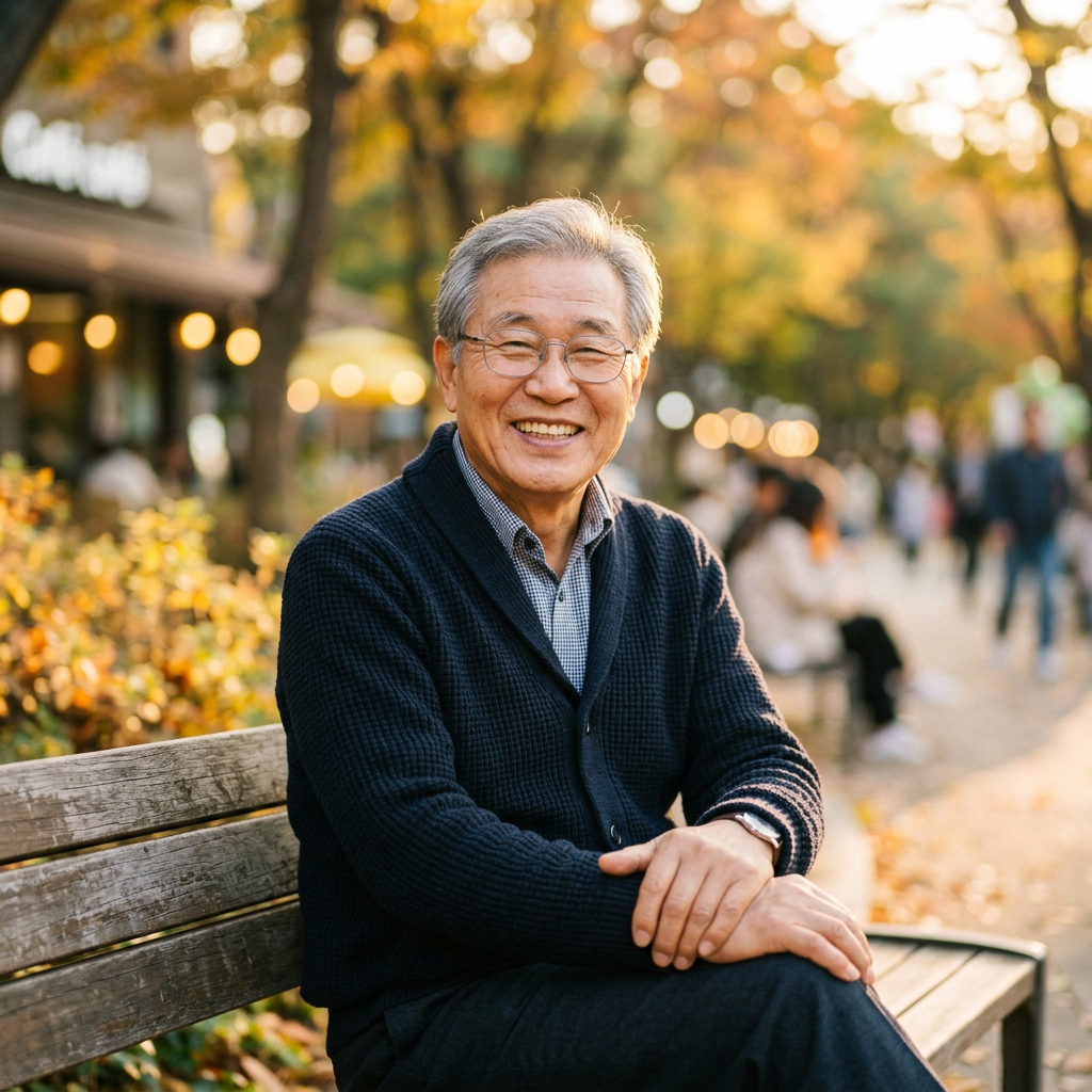 겨울의 온기 액자 안에 배치된 노년 남성의 사진