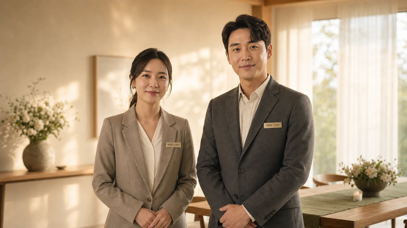 따뜻한 공간에서 가족의 추모 모임을 준비하는 메멘토 디렉터 두 사람