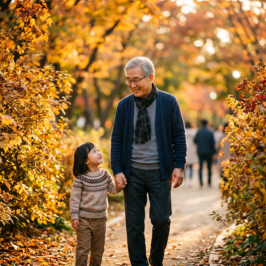 가을 공원에서 손을 잡고 산책하는 할아버지와 손주