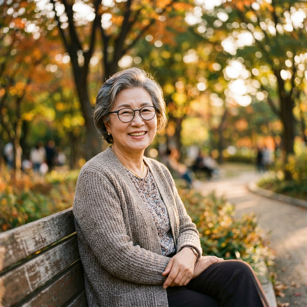 촛불이 켜진 따뜻한 실내 액자 안에 배치된 노년 여성의 사진